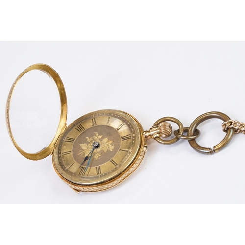 461 - An antique 18ct gold cased top winding fob watch, roman numeral markers with golden dial, clean cart... 