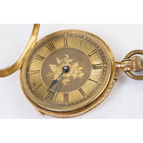 461 - An antique 18ct gold cased top winding fob watch, roman numeral markers with golden dial, clean cart... 