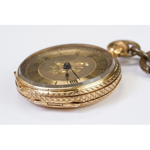 461 - An antique 18ct gold cased top winding fob watch, roman numeral markers with golden dial, clean cart... 