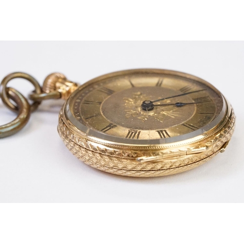 461 - An antique 18ct gold cased top winding fob watch, roman numeral markers with golden dial, clean cart... 