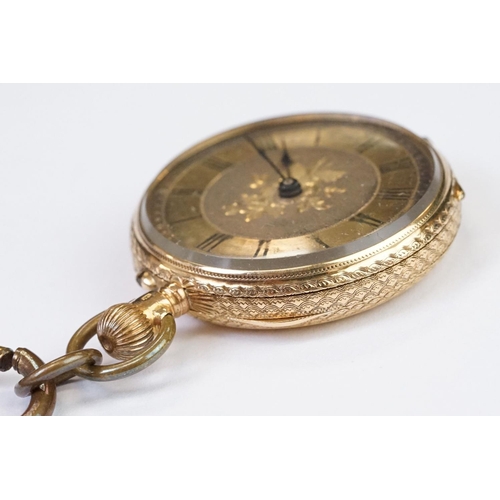 461 - An antique 18ct gold cased top winding fob watch, roman numeral markers with golden dial, clean cart... 