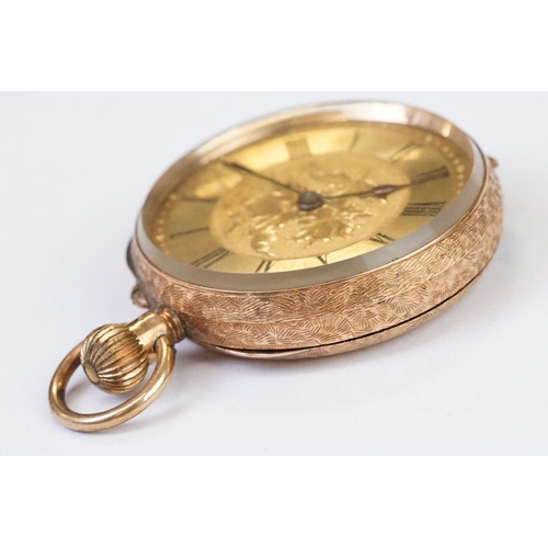 463 - An antique 14ct gold cased top winding fob watch, roman numeral markers with golden dial, clean cart... 