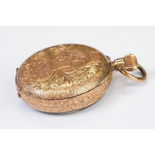 463 - An antique 14ct gold cased top winding fob watch, roman numeral markers with golden dial, clean cart... 