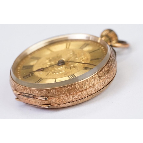 463 - An antique 14ct gold cased top winding fob watch, roman numeral markers with golden dial, clean cart... 