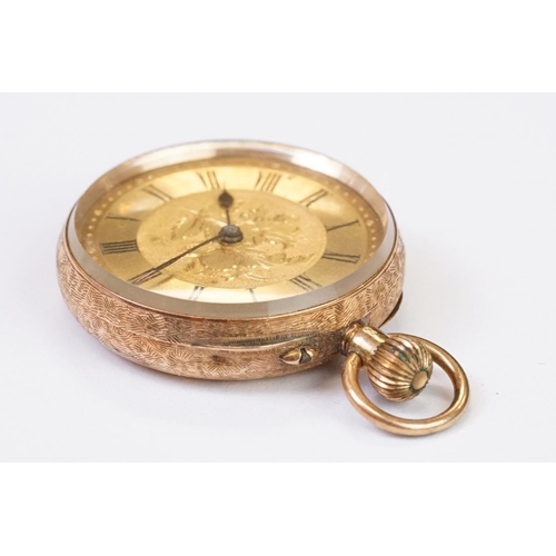 463 - An antique 14ct gold cased top winding fob watch, roman numeral markers with golden dial, clean cart... 