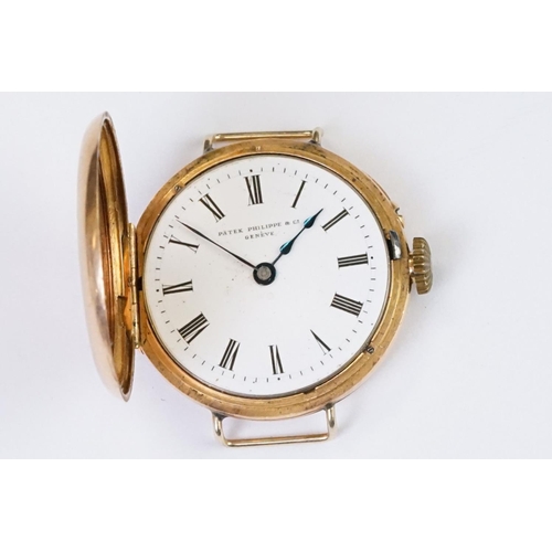 467 - An antique hallmarked 18ct gold cased half hunter wristwatch, maker marked for Patek Philippe & Co, ... 