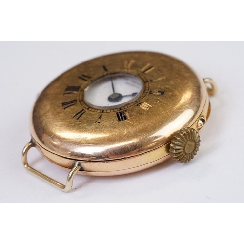 467 - An antique hallmarked 18ct gold cased half hunter wristwatch, maker marked for Patek Philippe & Co, ... 