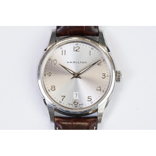 489 - A gents Hamilton Jazzmaster quartz wristwatch, silvered dial with date function to 6 o'clock, No.H38... 