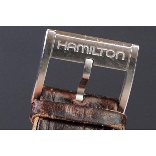 489 - A gents Hamilton Jazzmaster quartz wristwatch, silvered dial with date function to 6 o'clock, No.H38... 