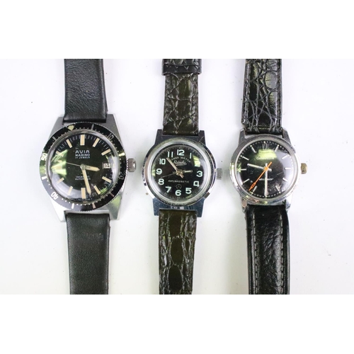 424 - A collection of eleven mechanical wristwatches with black dials to include Oriosa, Avia, HMT, Cardin... 