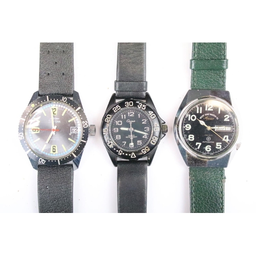 424 - A collection of eleven mechanical wristwatches with black dials to include Oriosa, Avia, HMT, Cardin... 