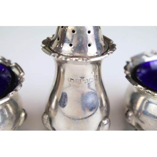 552 - Cased Mappin & Webb silver cruet set consisting of two mustard pots, two table salts and two pepper ... 