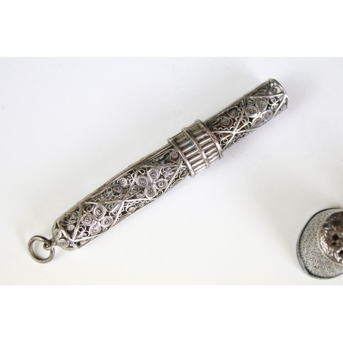 628 - Collection of antique silver to include silver heart pill box (hallmarked Birmingham 1899), fob meda... 