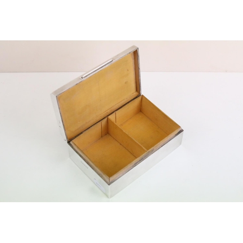 640 - 1930's silver cigarette box with engine turned decoration, wood lined twin-compartment interior, ins... 