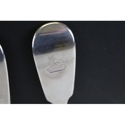 644 - Pair of early Victorian silver fiddle pattern serving spoons (approx 30cm long), together with a pai... 