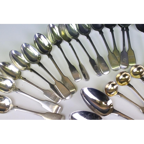 646 - Collection of silver fiddle pattern flatware, mostly Victorian, to include dessert spoons, dessert f... 