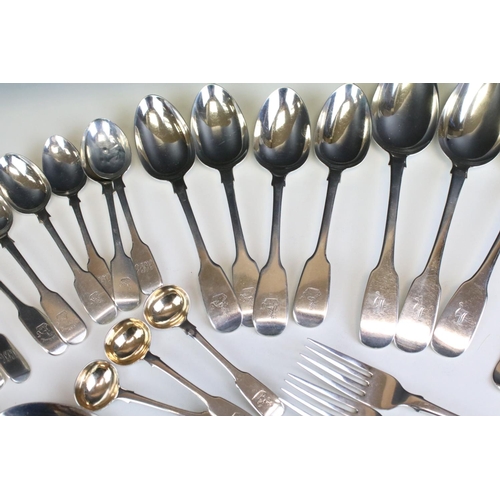 646 - Collection of silver fiddle pattern flatware, mostly Victorian, to include dessert spoons, dessert f... 