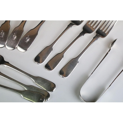 646 - Collection of silver fiddle pattern flatware, mostly Victorian, to include dessert spoons, dessert f... 