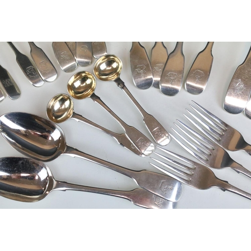 646 - Collection of silver fiddle pattern flatware, mostly Victorian, to include dessert spoons, dessert f... 