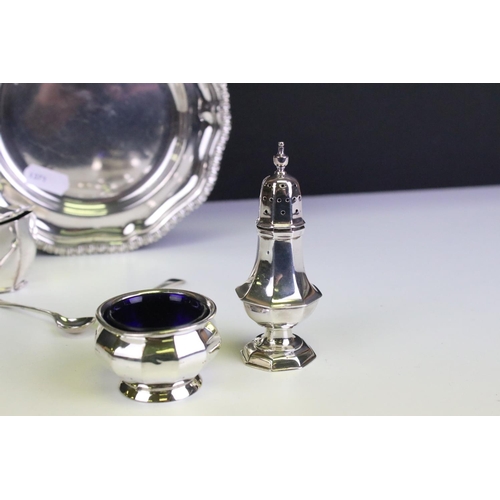 651 - Mid Century silver plate with a moulded gadrooned rim (import marked London 1972), together with a s... 