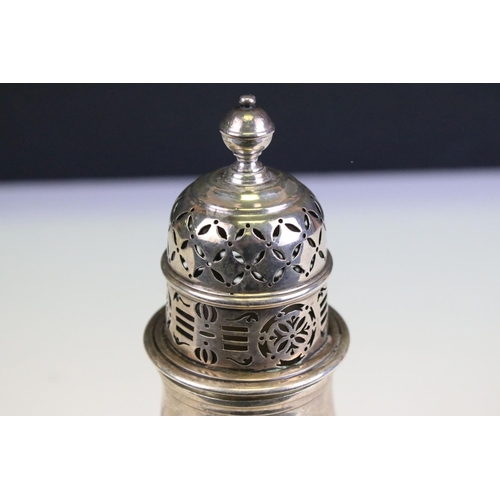 658 - Early 20th Century silver hallmarked sugar shaker of baluster form with pierced finial top lid. Hall... 