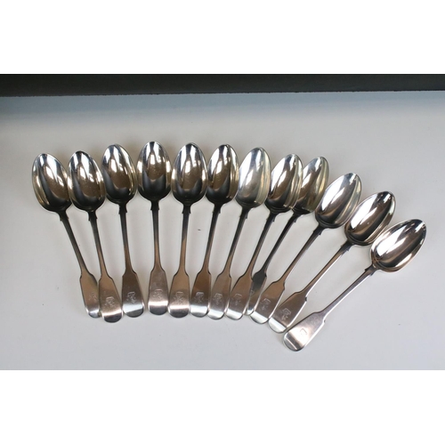 661 - Part canteen of early Victorian fiddle pattern silver cutlery, London 1840, by Mary Chawner & George... 