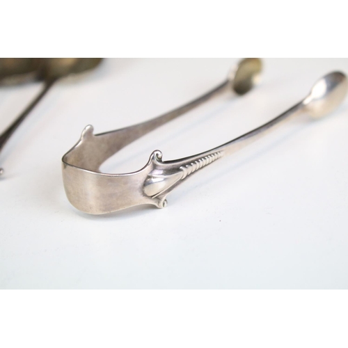 684 - Set of 19th Century Victorian tea spoons and sugar tongs having scrolled terminals. Hallmarked Londo... 