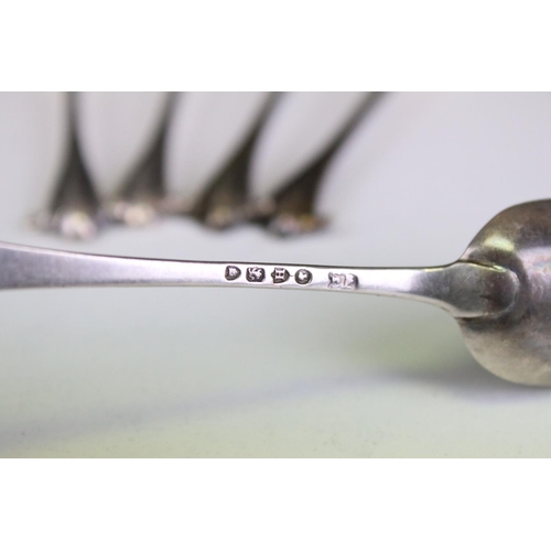 684 - Set of 19th Century Victorian tea spoons and sugar tongs having scrolled terminals. Hallmarked Londo... 