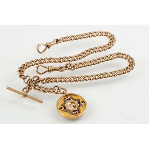 398 - 9ct gold hallmarked double albert chain with 9ct T bar and 9ct enamelled fob medal. The chain constr... 