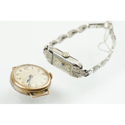 508 - Early 20th Century platinum and diamond cocktail watch having a rectangular face with arabic numeral... 