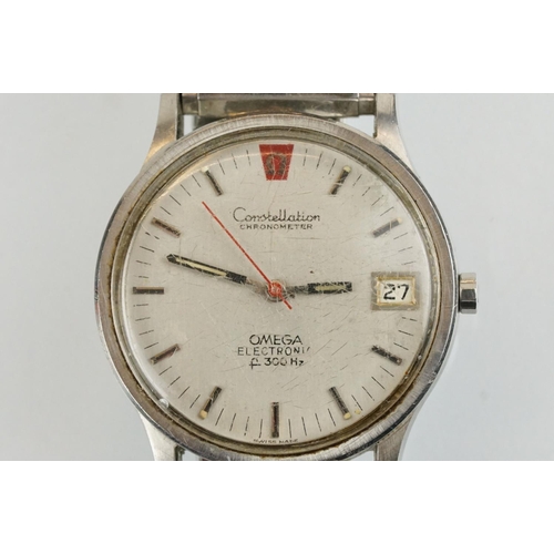 510 - Omega Constellation electronic 300 Hz wrist watch. The watch having a round dial with baton markings... 