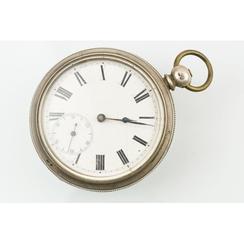 512 - Victorian silver open faced pocket watch having a white dial with roman numerals to the chapter ring... 