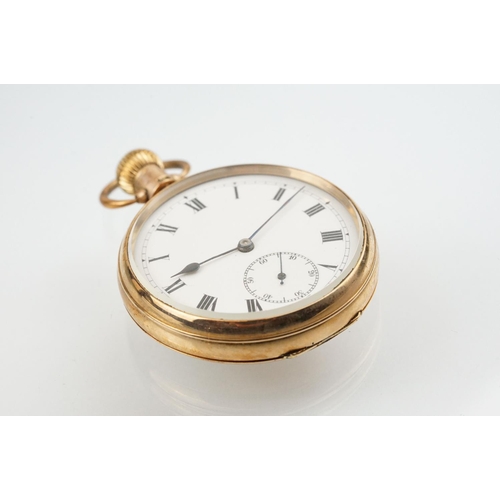 513 - 9ct gold open faced pocket watch having a white enamelled dial with roman numerals to the chapter ri... 