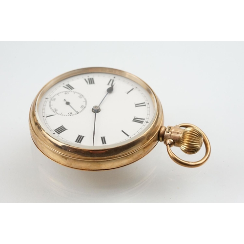 513 - 9ct gold open faced pocket watch having a white enamelled dial with roman numerals to the chapter ri... 