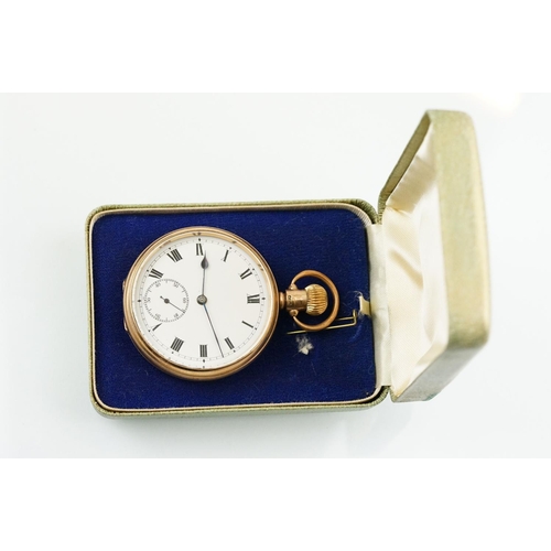 513 - 9ct gold open faced pocket watch having a white enamelled dial with roman numerals to the chapter ri... 