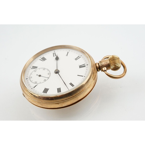 513 - 9ct gold open faced pocket watch having a white enamelled dial with roman numerals to the chapter ri... 