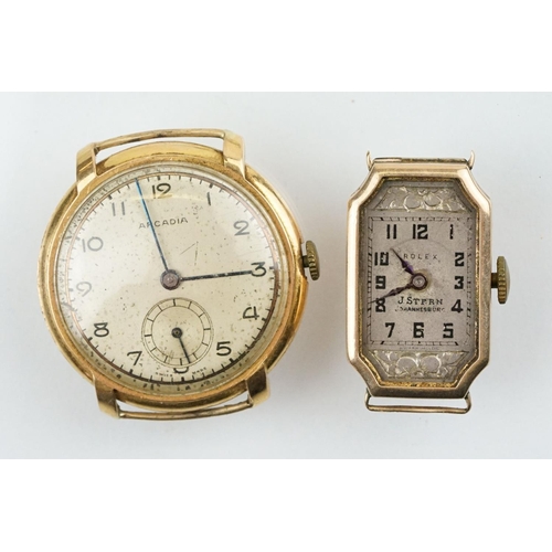 518 - Art Deco Rolex 9ct gold wrist watch having a silvered dial with arabic numerals to the chapter ring,... 