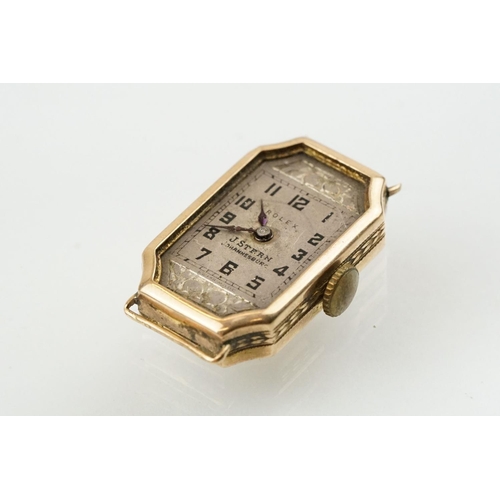 518 - Art Deco Rolex 9ct gold wrist watch having a silvered dial with arabic numerals to the chapter ring,... 