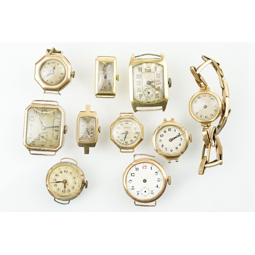 522 - Collection of gold case watches most of Art Deco era. All hallmarked or marked 9ct within case. As f... 