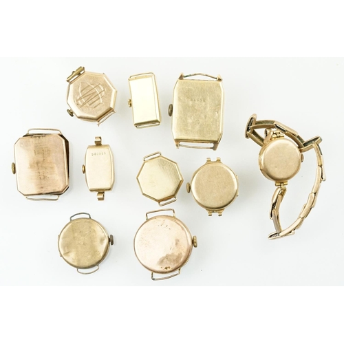 522 - Collection of gold case watches most of Art Deco era. All hallmarked or marked 9ct within case. As f... 