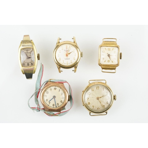 524 - Group of five mid Century gold wrist watches to include a square faced 18ct gold cased watch, the ot... 