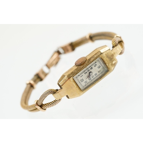 526 - Art Deco 9ct gold dress watch having a rectangular face with arabic numerals to the chapter ring, se... 