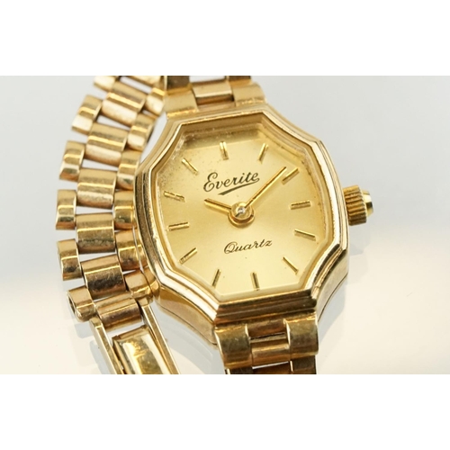 528 - Ladies Everite 9ctr gold wrist watch having a canted rectangular dial with baton markers to the chap... 