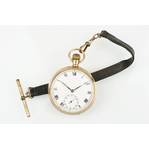 534 - 1930s 9ct gold open face pocket watch. The watch having a white enamelled face with roman numerals t... 