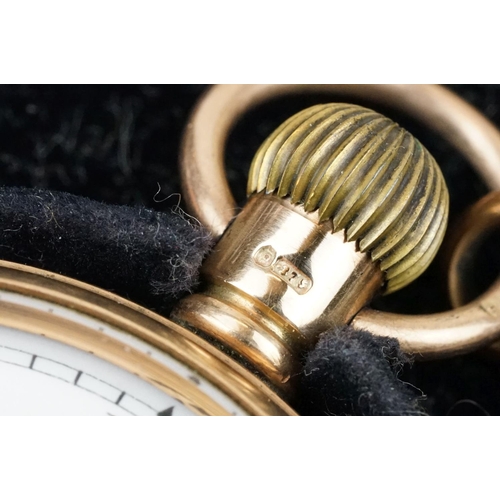 534 - 1930s 9ct gold open face pocket watch. The watch having a white enamelled face with roman numerals t... 