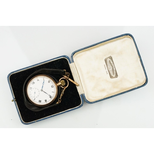 534 - 1930s 9ct gold open face pocket watch. The watch having a white enamelled face with roman numerals t... 