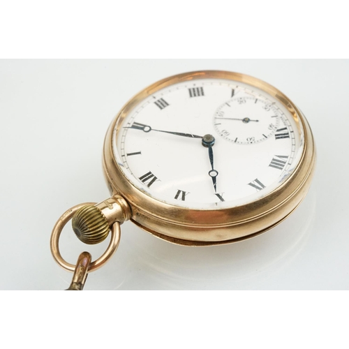 534 - 1930s 9ct gold open face pocket watch. The watch having a white enamelled face with roman numerals t... 