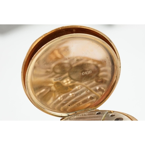 534 - 1930s 9ct gold open face pocket watch. The watch having a white enamelled face with roman numerals t... 