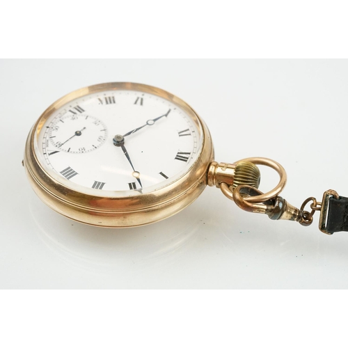 534 - 1930s 9ct gold open face pocket watch. The watch having a white enamelled face with roman numerals t... 