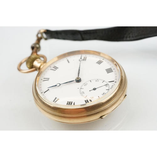 534 - 1930s 9ct gold open face pocket watch. The watch having a white enamelled face with roman numerals t... 